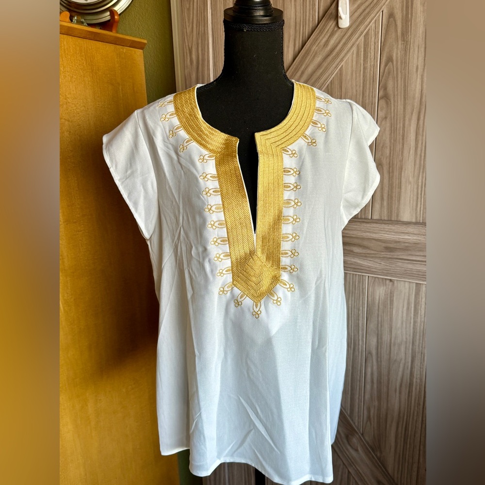 Shein NWOT white and gold trimmed blouse
